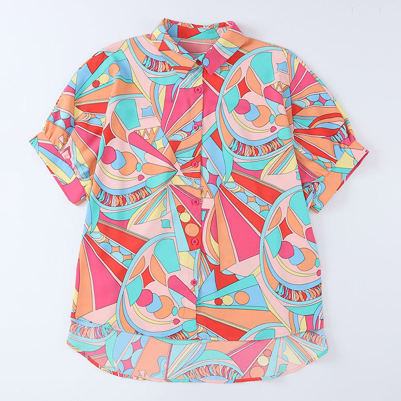 Damen farbenfrohe Bluse mit geometrischem Muster und modischer Knopfleiste WW