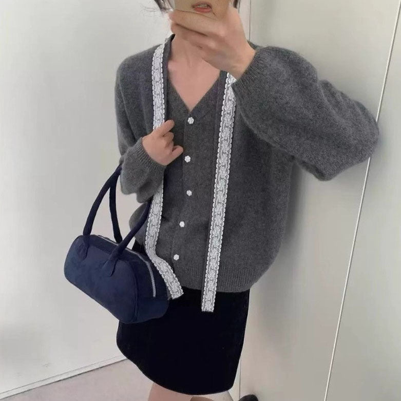 Damen Strickjacke mit dekorativen Spitzen-Details WW