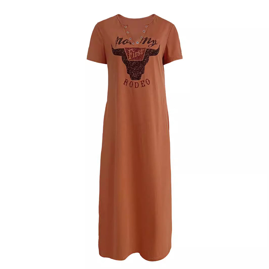 Damen lässiges Maxikleid mit Rundhalsausschnitt und praktischen Taschen W&W Mode