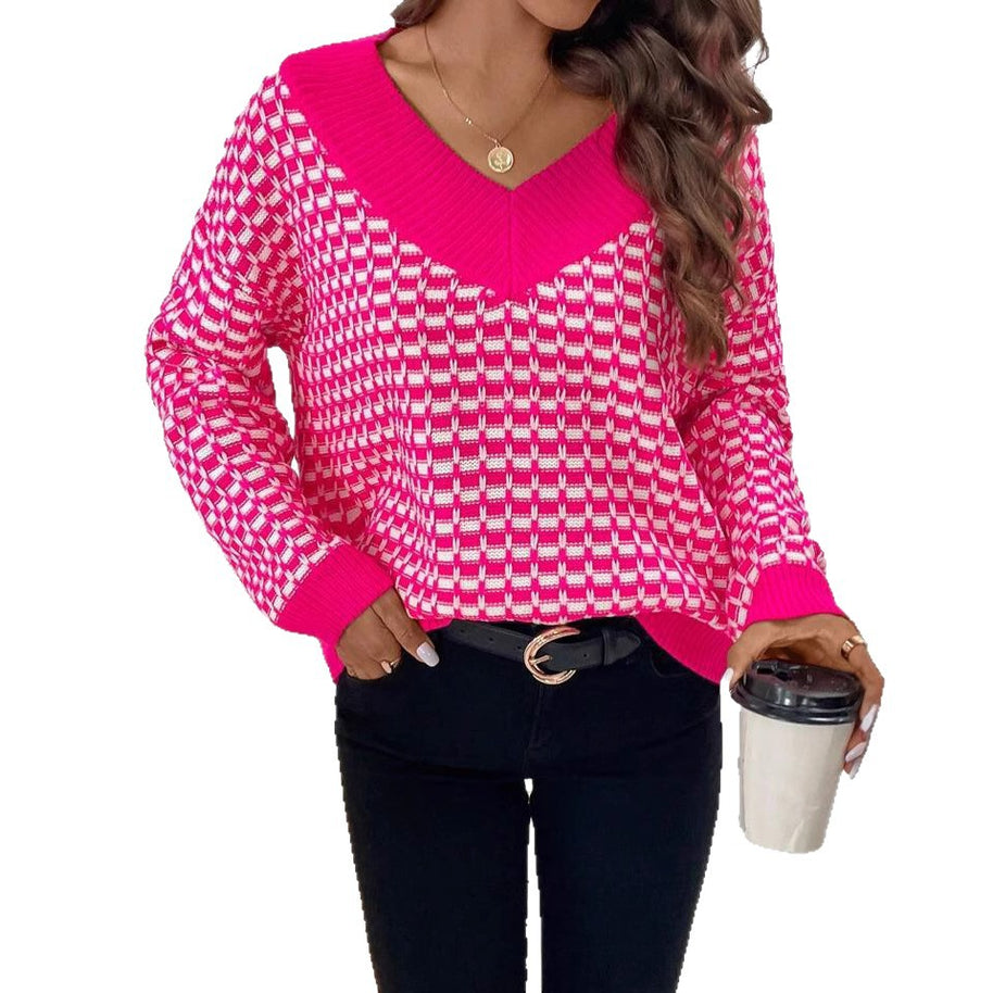 Damen Strickpullover mit V-Ausschnitt und modernem Karomuster WW