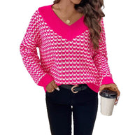 Damen Strickpullover mit V-Ausschnitt und modernem Karomuster WW