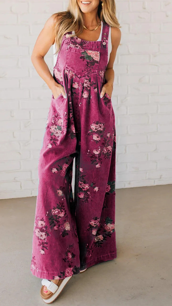 Damen Baumwoll-Overall mit floralem Druck und weiten Beinen WW