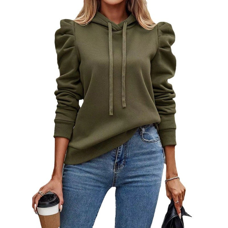 Damen bequemer Kapuzenpullover mit Puffärmeln und gemütlichem Schnitt WW