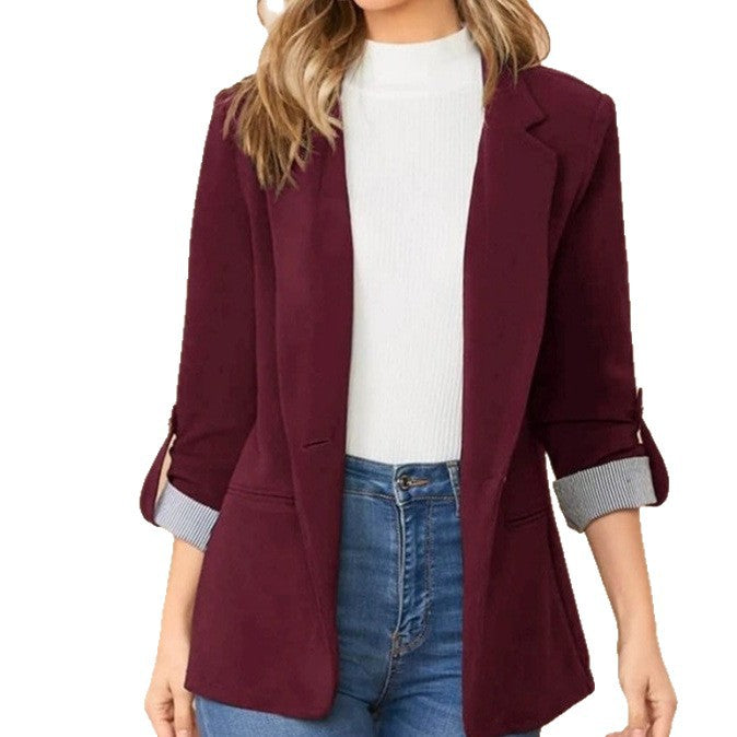 Damen stilvolle und vielseitige Blazerjacke mit umgeschlagenen Ärmeln WW