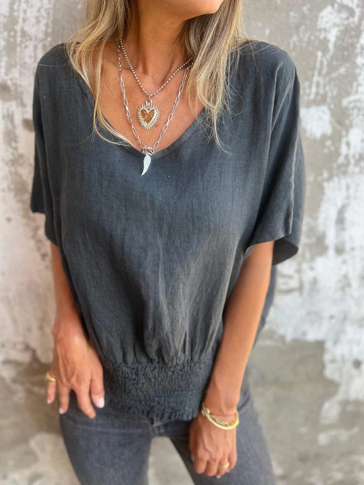 Damen entspannte Bluse mit elastischem Bund und overlapping Ärmel WW