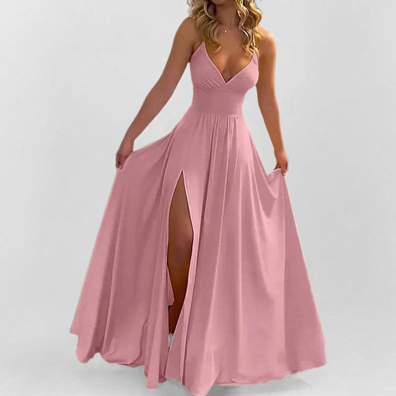 Damen Maxikleid mit tiefem V-Ausschnitt und figurbetontem Oberteil W&W Mode