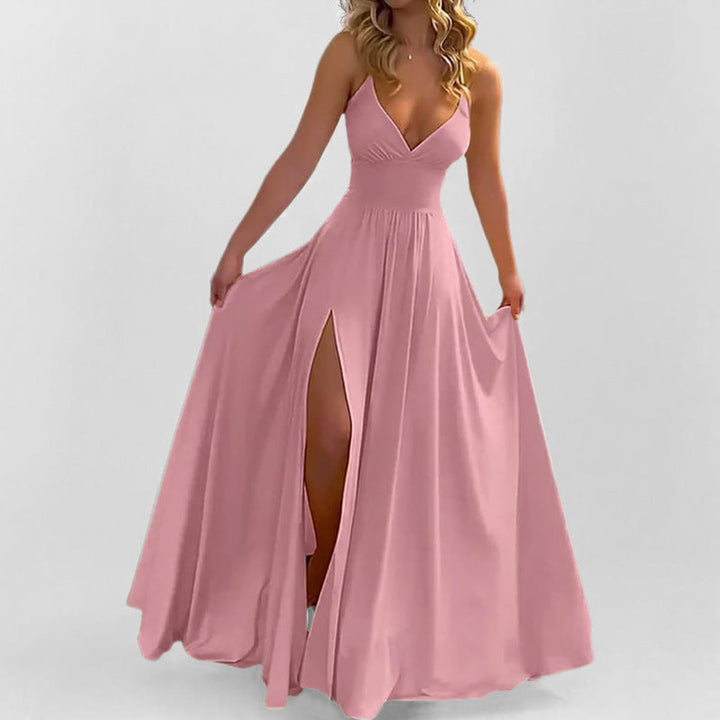 Damen Maxikleid mit tiefem V-Ausschnitt und figurbetontem Oberteil W&W Mode
