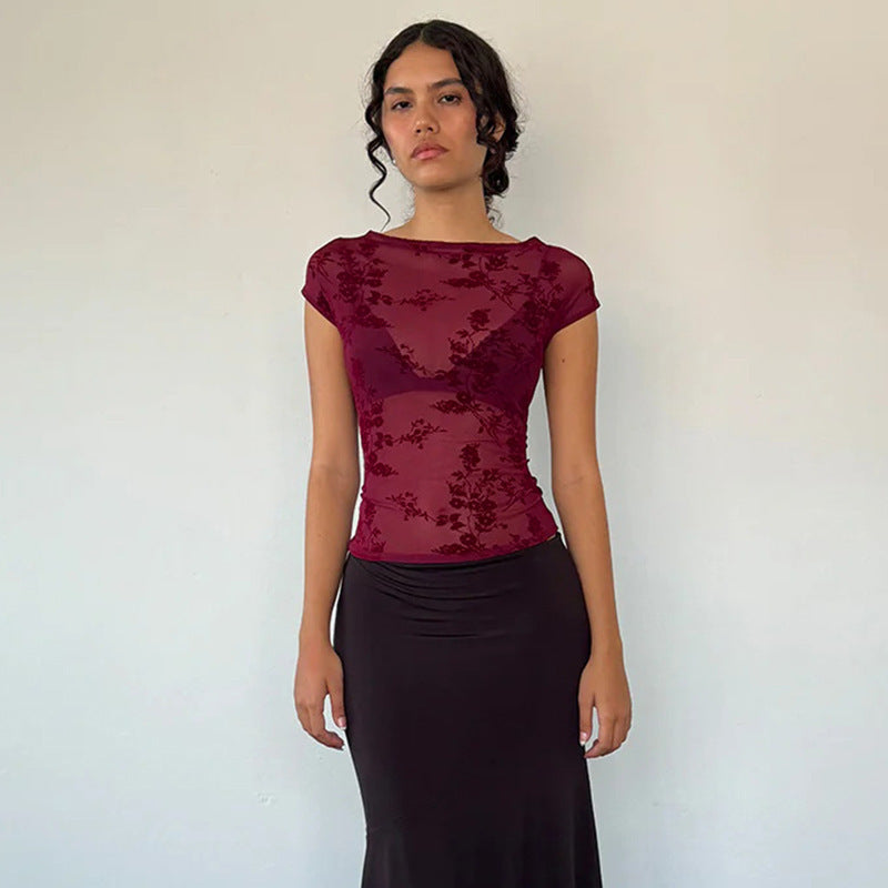 Damen Spitzenoberteil mit floralem Muster und transparenter Gestaltung W&W Mode