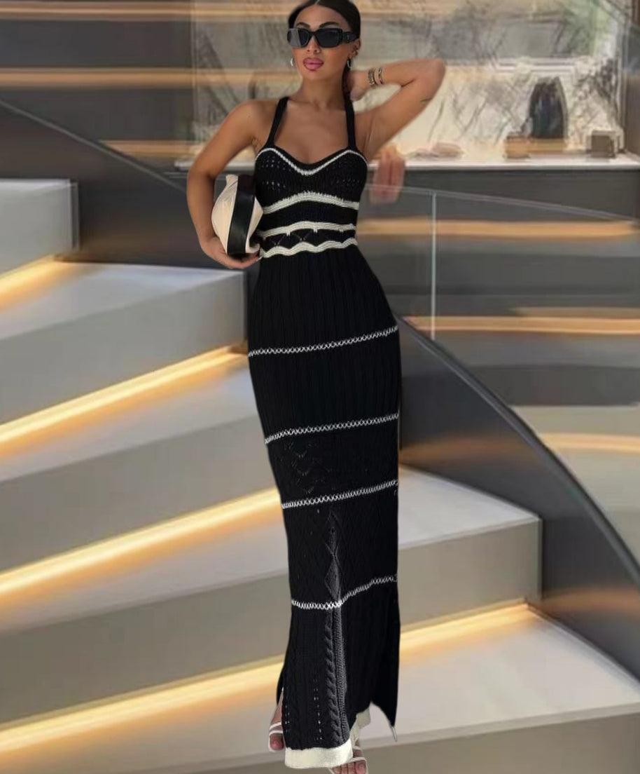 Damen Strick-Maxikleid mit raffinierten Häkelmustern und seitlichem Schlitz WW