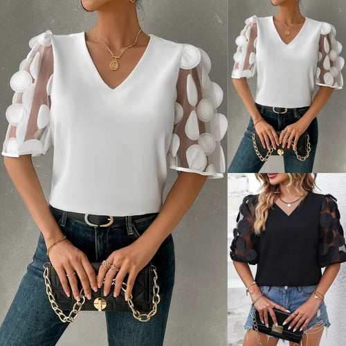 Damen Bluse mit transparenten Puffärmeln und eleganten Detail WW