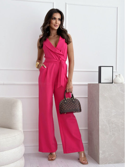 Damen eleganter Jumpsuit mit Wickeloptik und Taillengürtel W&W Mode