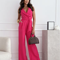 Damen eleganter Jumpsuit mit Wickeloptik und Taillengürtel WW