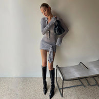 Damen schickes Wickelkleid mit langem Arm und minimalistischer Knopfleiste WW