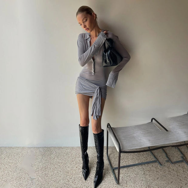 Damen schickes Wickelkleid mit langem Arm und minimalistischer Knopfleiste WW