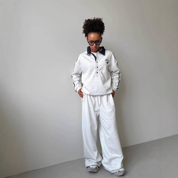 Damen sportlicher Freizeitanzug mit modischem Kragen und weiten Beinen WW