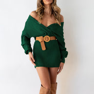 Damen Strickkleid mit festlichem Wickeldesign und dekorativem Gürtel WW