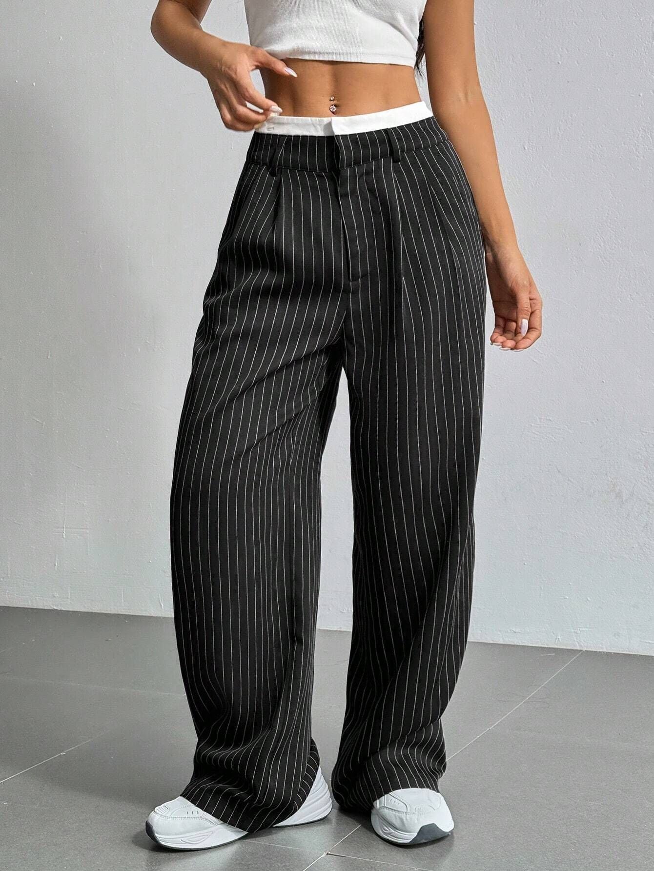 Damen Elegante Weite Hose mit Nadelstreifen und hohem Bund WW