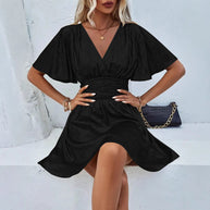 Damen Abendkleid mit schimmerndem V-Ausschnitt und voluminösen Ärmeln WW