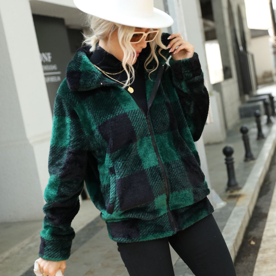 Damen Plüsch-Hoodiejacke mit trendigem Karomuster und praktischen Reißverschlusstaschen WW