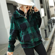 Damen Plüsch-Hoodiejacke mit trendigem Karomuster und praktischen Reißverschlusstaschen WW