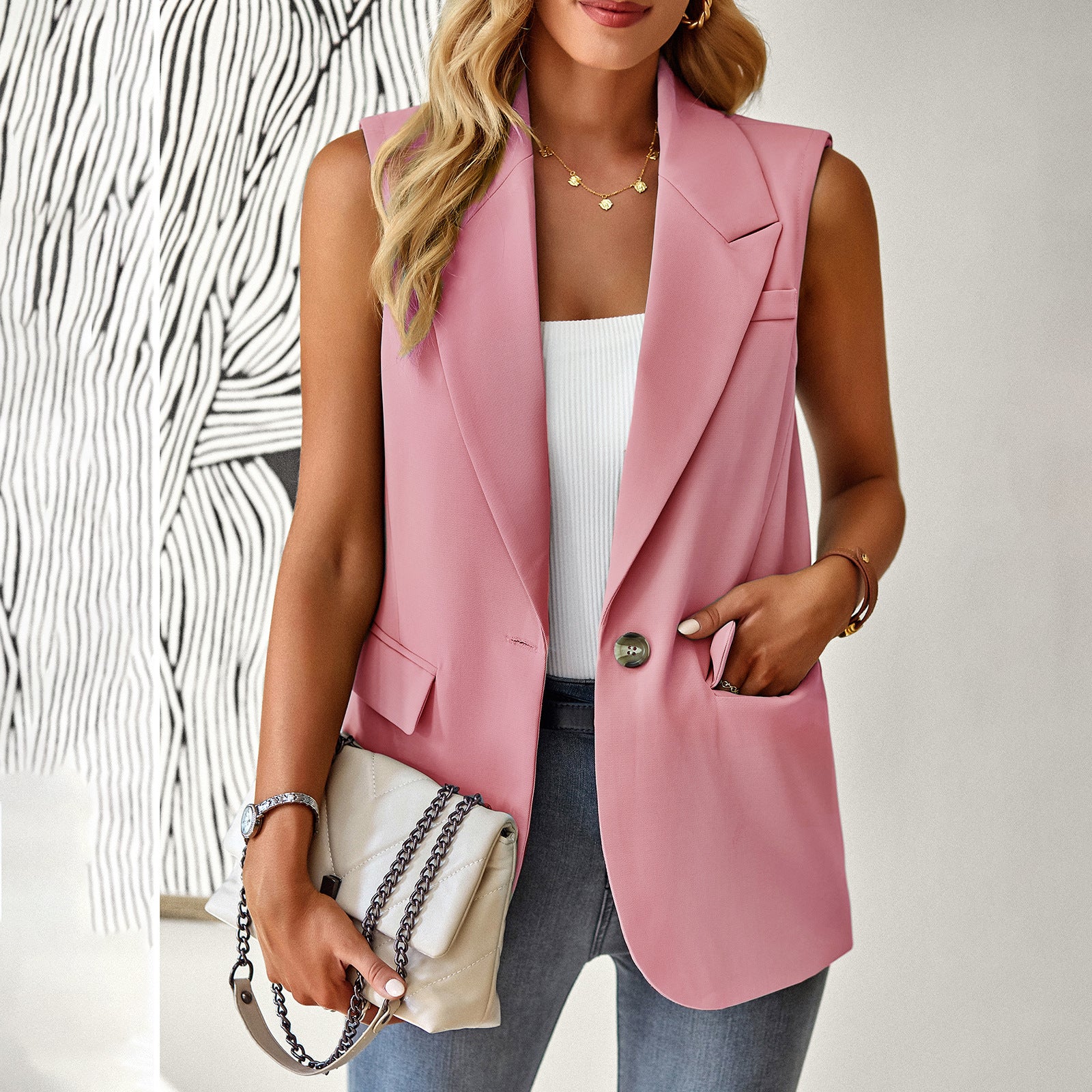 Damen lässiger Blazer ohne Ärmel mit tailliertem Schnitt und eleganten Taschen WW