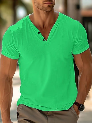 Herren Kurzarm Hemd mit modischem Henley-Ausschnitt und dekorativen Knöpfen WW