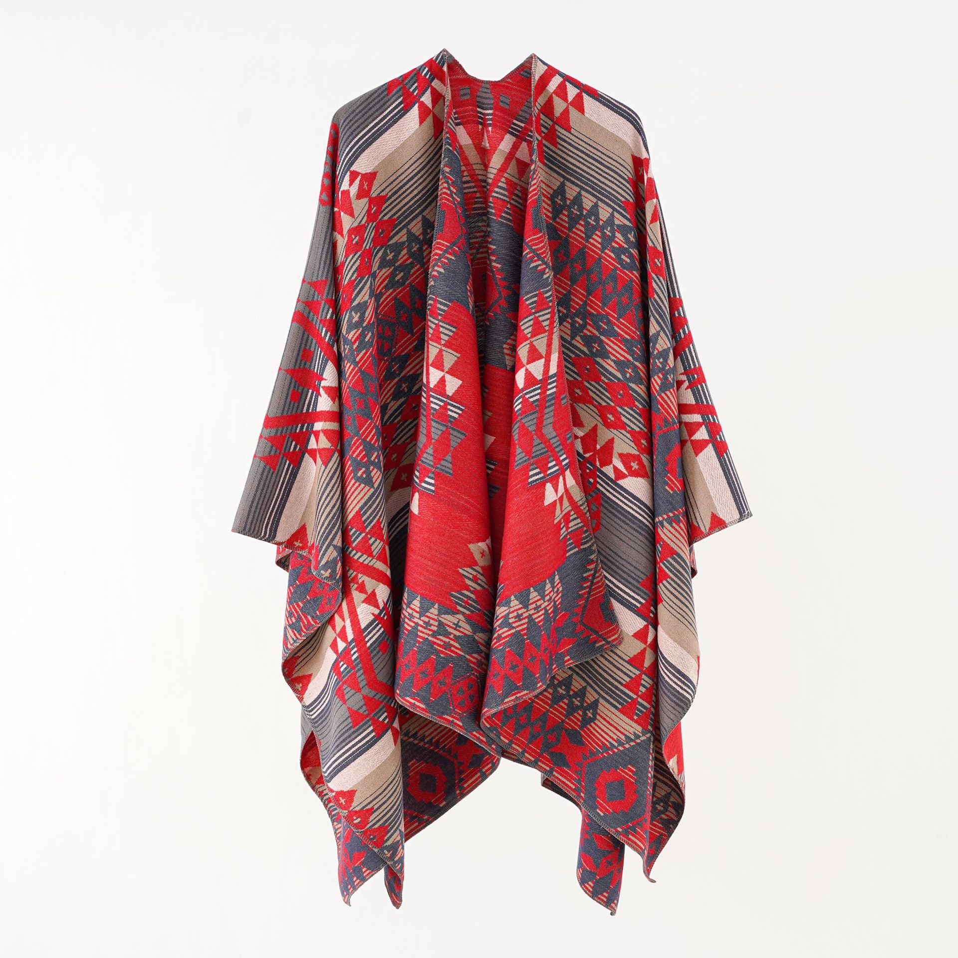 Damen Geometrischer Überwurfponcho mit warmem Material und trendiger Musterung WW