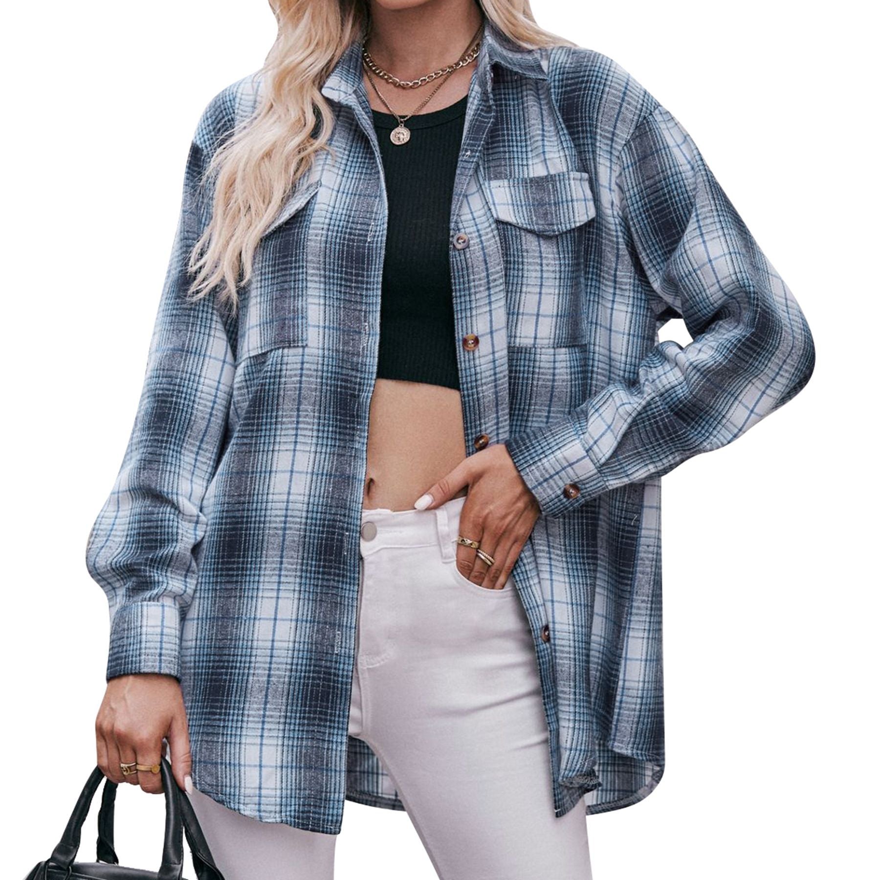 Damen kariertes Hemd mit knopfbarem Frontdesign und lässigem Knoten-Detail WW