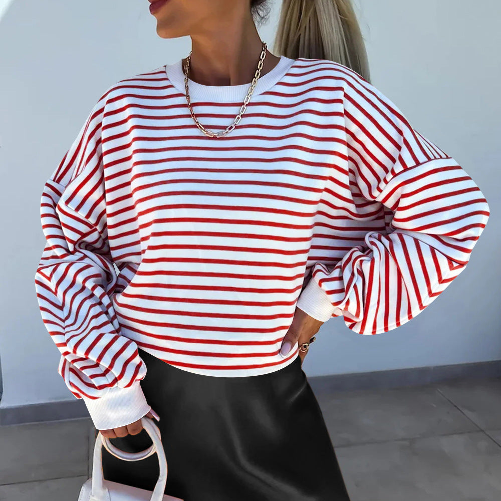 Damen lässiges gestreiftes Sweatshirt mit Boxy-Schnitt und kontrastierenden Abschlüssen WW