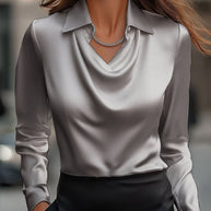 Damen Seidene Bluse mit schickem Wasserfall-Ausschnitt und lange Ärmel WW