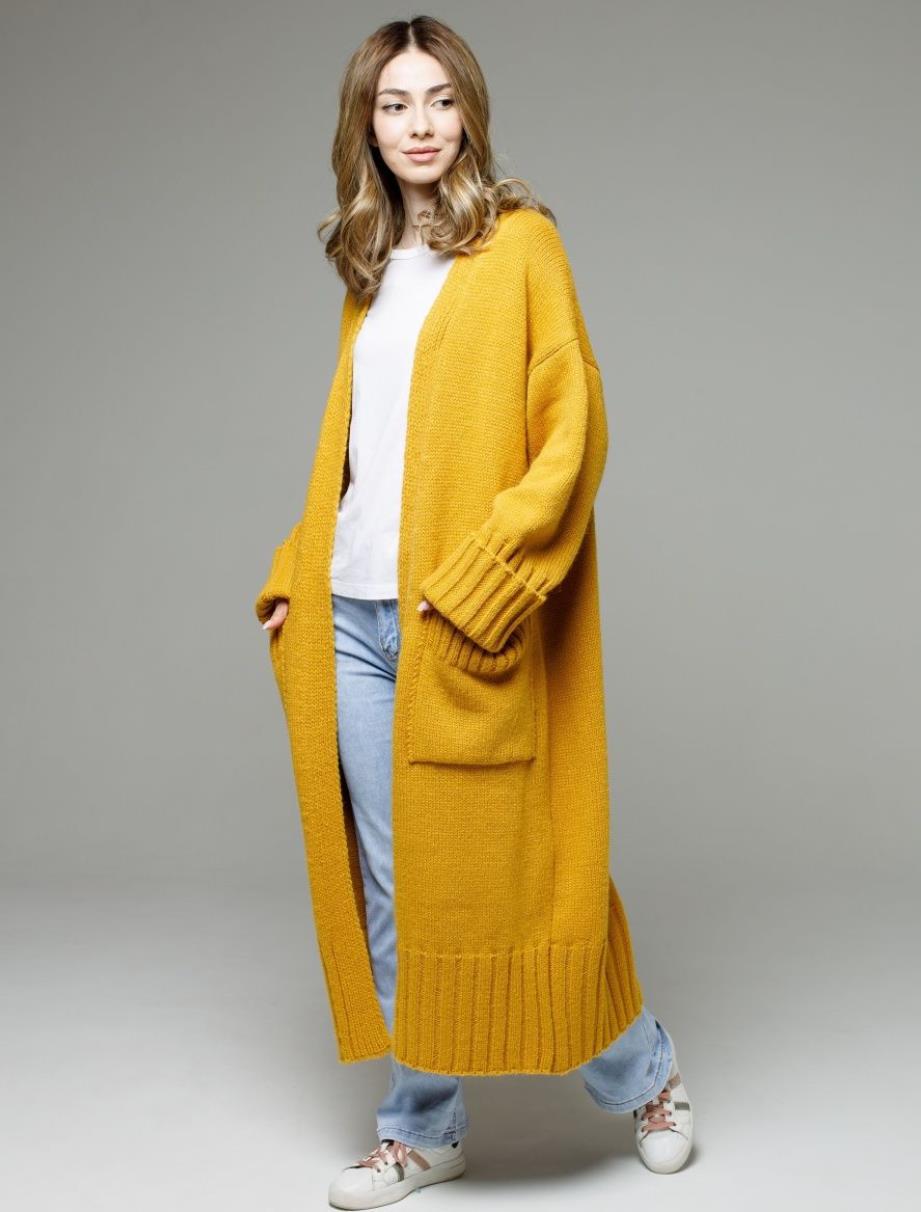 Damen bequemer langer Strickcardigan mit Taschen und breiten Ärmeln WW