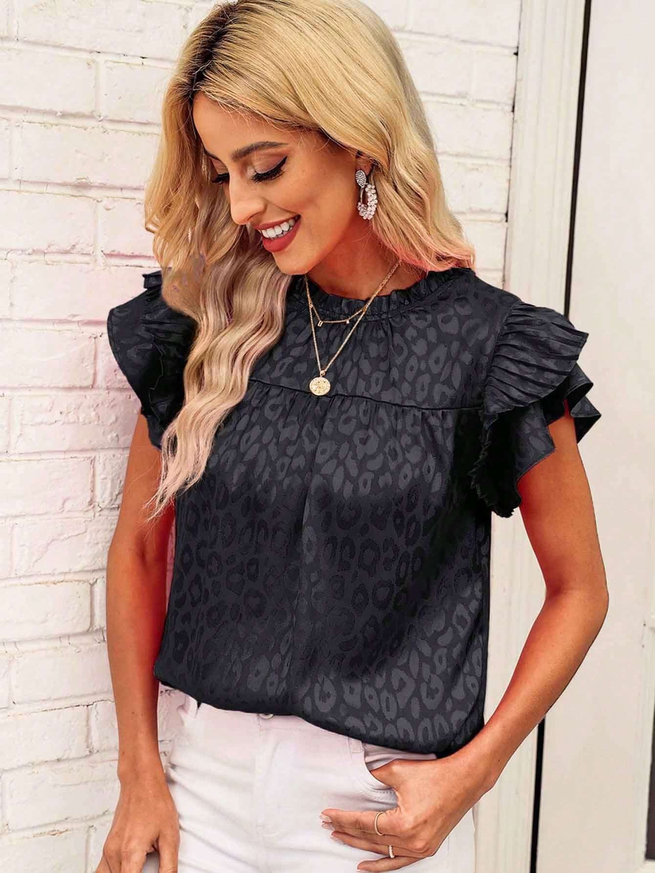 Damen Bluse mit modischen Rüschendetails und elegantem Leopardenmuster WW