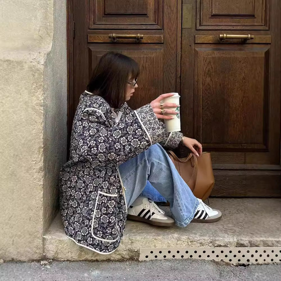 Damen elegante Floral-Jacke im Oversized-Schnitt mit strukturierten Details WW