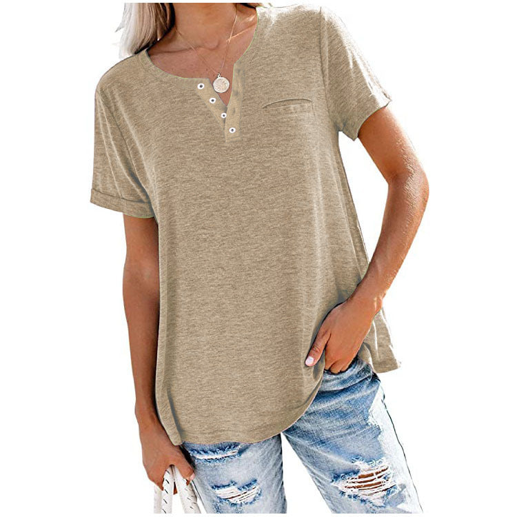 Damen Freizeit T-Shirt mit Knopfleiste und Brusttasche W&W Mode