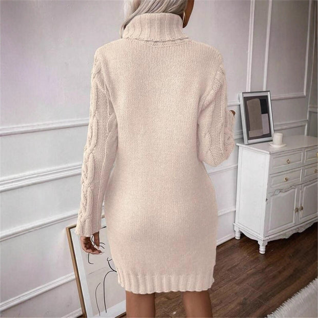 Damen Strickkleid mit hochgeschlossenem Kragen und Zopfmuster WW