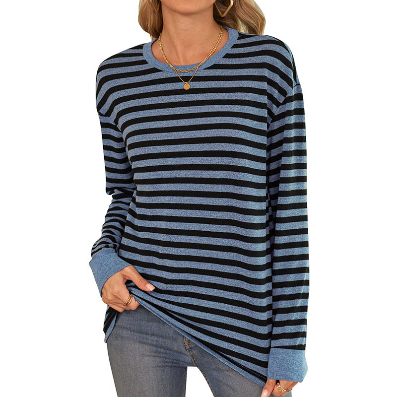 Damen bequemes Langarmshirt mit gestreiftem Design und Rundhalsausschnitt WW