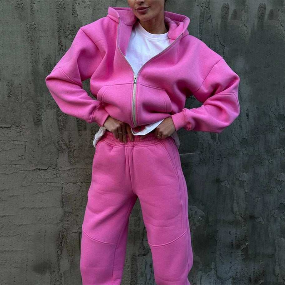Damen bequemer Fleece-Trainingsanzug mit hohem Kragen WW