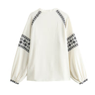 Damen bestickte Bluse mit modernen Puffärmeln und elegantem Stehkragen WW