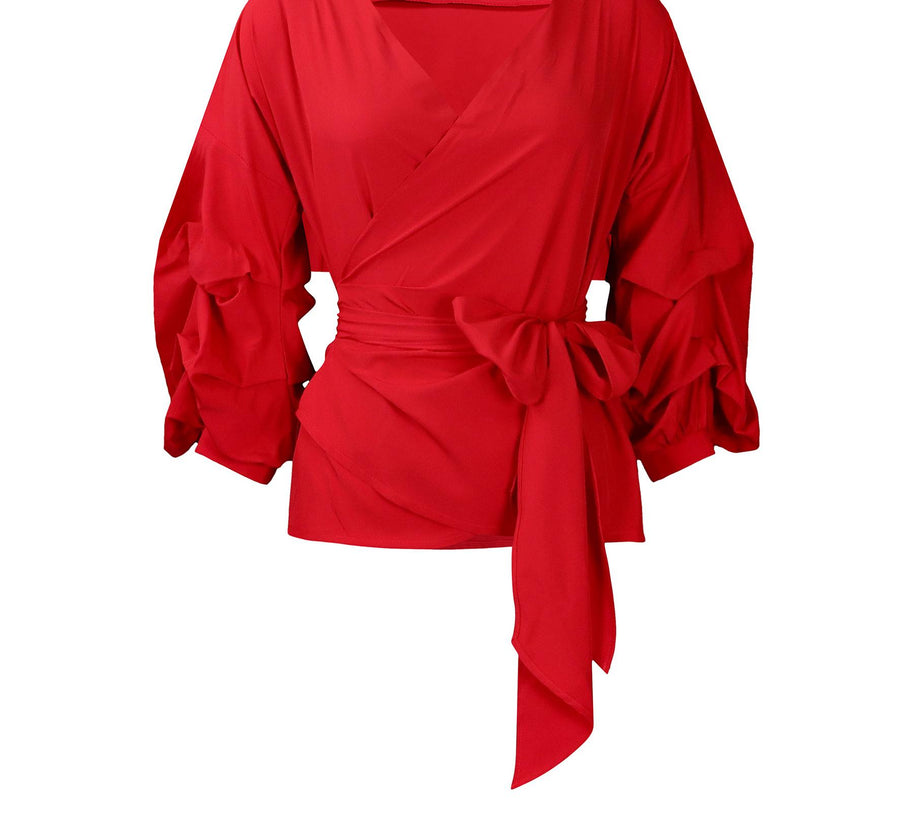 Damen Wickelbluse mit voluminösen Ärmeln und eleganter Schleifenbindung WW