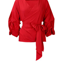 Damen Wickelbluse mit voluminösen Ärmeln und eleganter Schleifenbindung WW