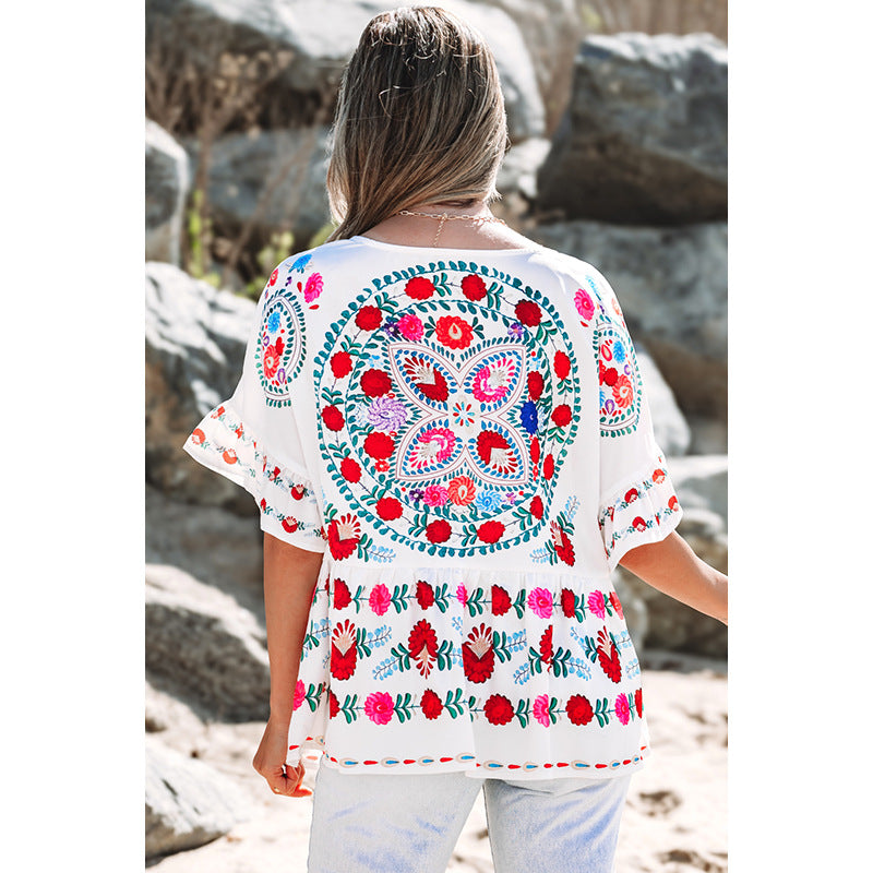 Damen besticktes Blusentop mit voluminösen Ärmeln und floralen Motiven WW