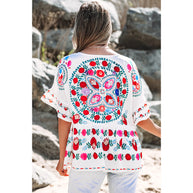 Damen besticktes Blusentop mit voluminösen Ärmeln und floralen Motiven WW
