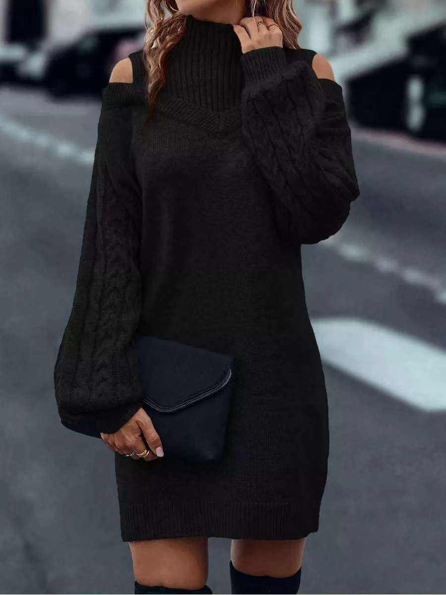 Damen Strickkleid mit hochgeschlossenem Kragen und offener Schulterpartie WW