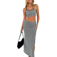Damen Crop-Top und Maxi-Rock Set mit modischem Streifenmuster WW
