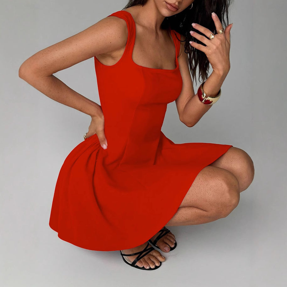 Damen A-Linien Kleid mit quadratischem Ausschnitt und schwingendem Rock WW