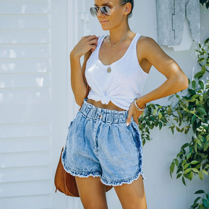 Damen Jeansshorts mit fransigem Saum und elastischem Taillenbund W&W Mode