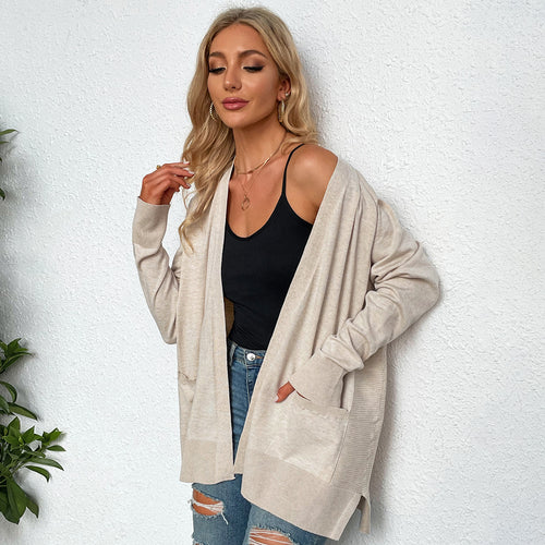 Damen lässiger Strickcardigan mit tiefem V-Ausschnitt und praktischen Taschen W&W