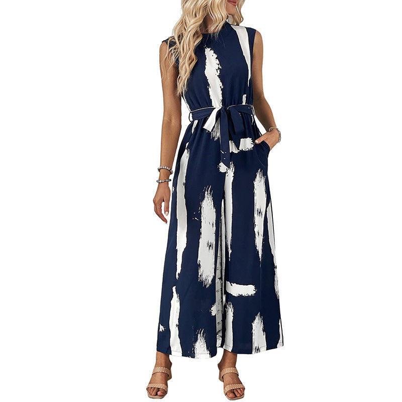 Damen Jumpsuit mit modernem Streifenmuster und praktischen Bindegürtel WW