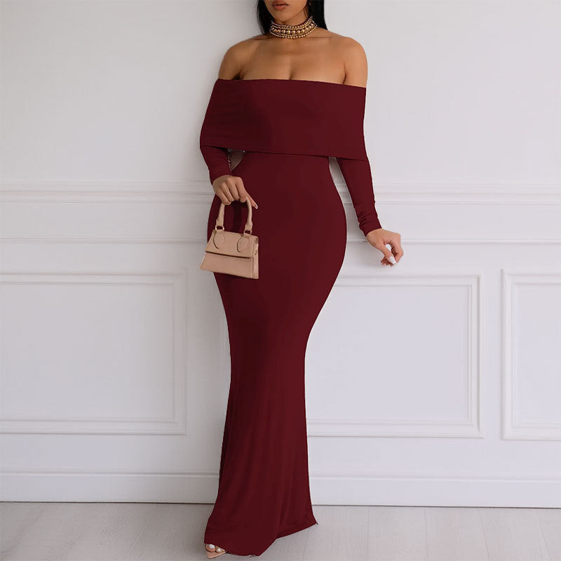 Damen Bodycon Maxikleid mit schulterfreiem Design und langem Ärmel W&W Mode