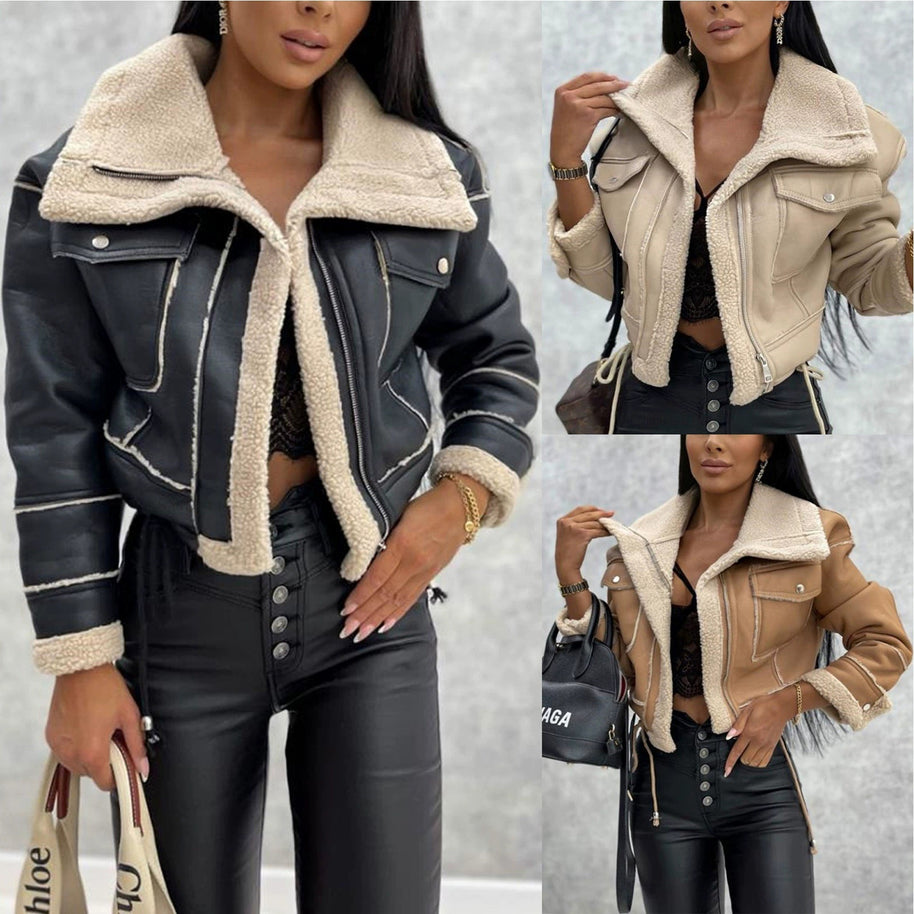Damen angesagte und kuschelige Lammfelljacke mit abnehmbarem Kragen WW